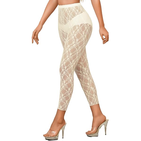 White, Std. Size (100-175 lbs) Womens Floral Lace Leggings at